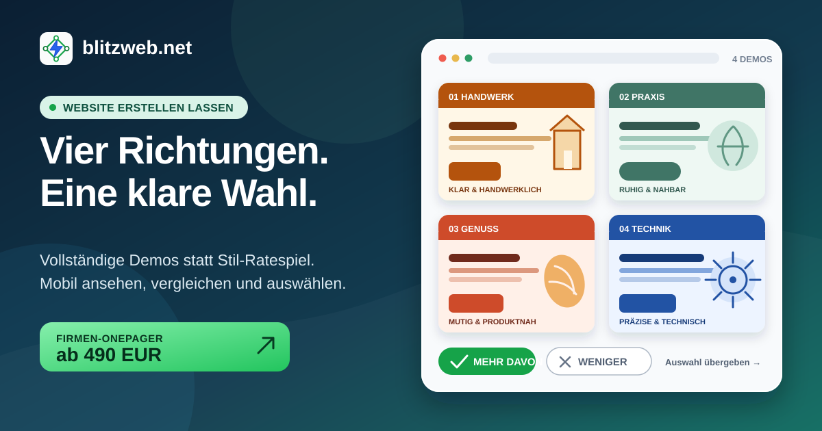 Vier selbst gestaltete Website-Demos für Handwerk, Praxis, Genuss und Technik